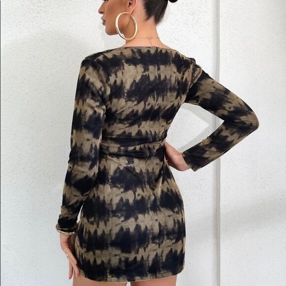 Zara Brown black long sleeve V-neck tulle mini dress Sz L NWT - Picture 6 of 15